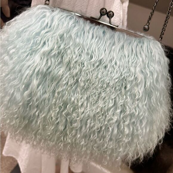 Aqua Handmade Real Mongolian Lamb Fur Kisslock Wristlet/Shoulder Bag, Crossbody - Picture 13 of 16